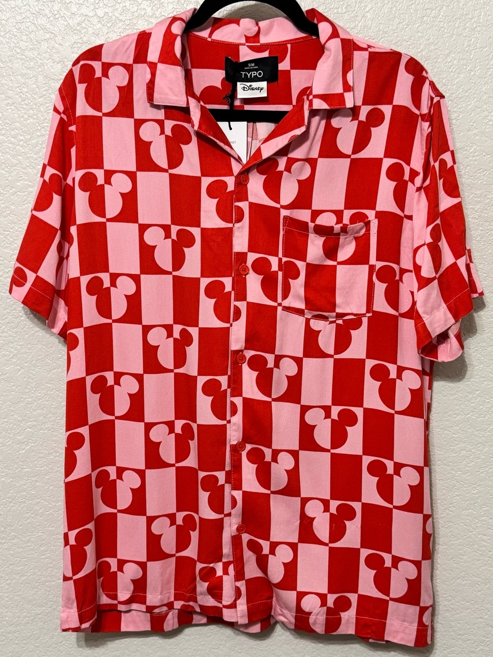 Typo x Disney| Pink & Red Mickey Silhouette Button Up Christmas Party| S/M NWT